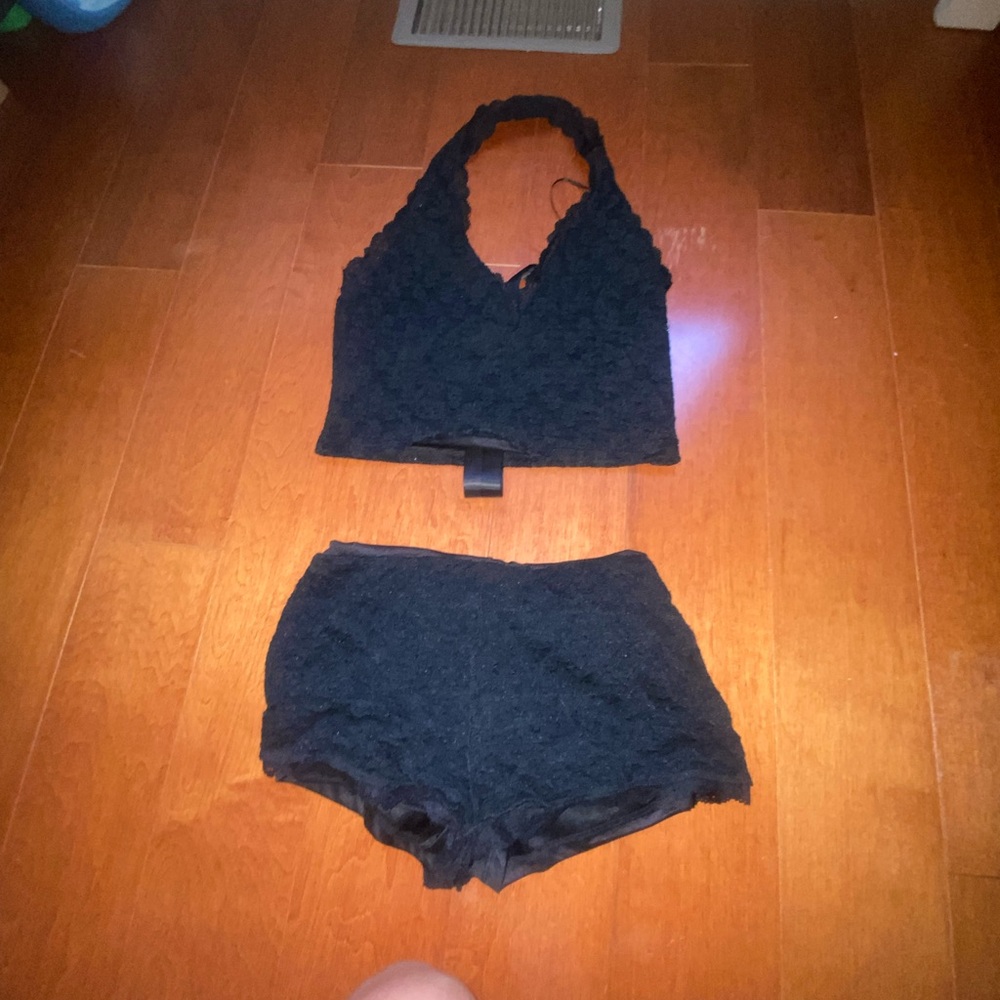 Fashion Nova Black Textured Halter Set